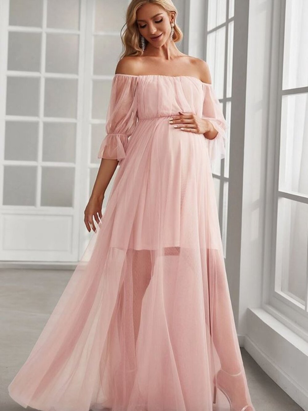 A Line Puff Sleeves Mesh Maternity Dress - Pink